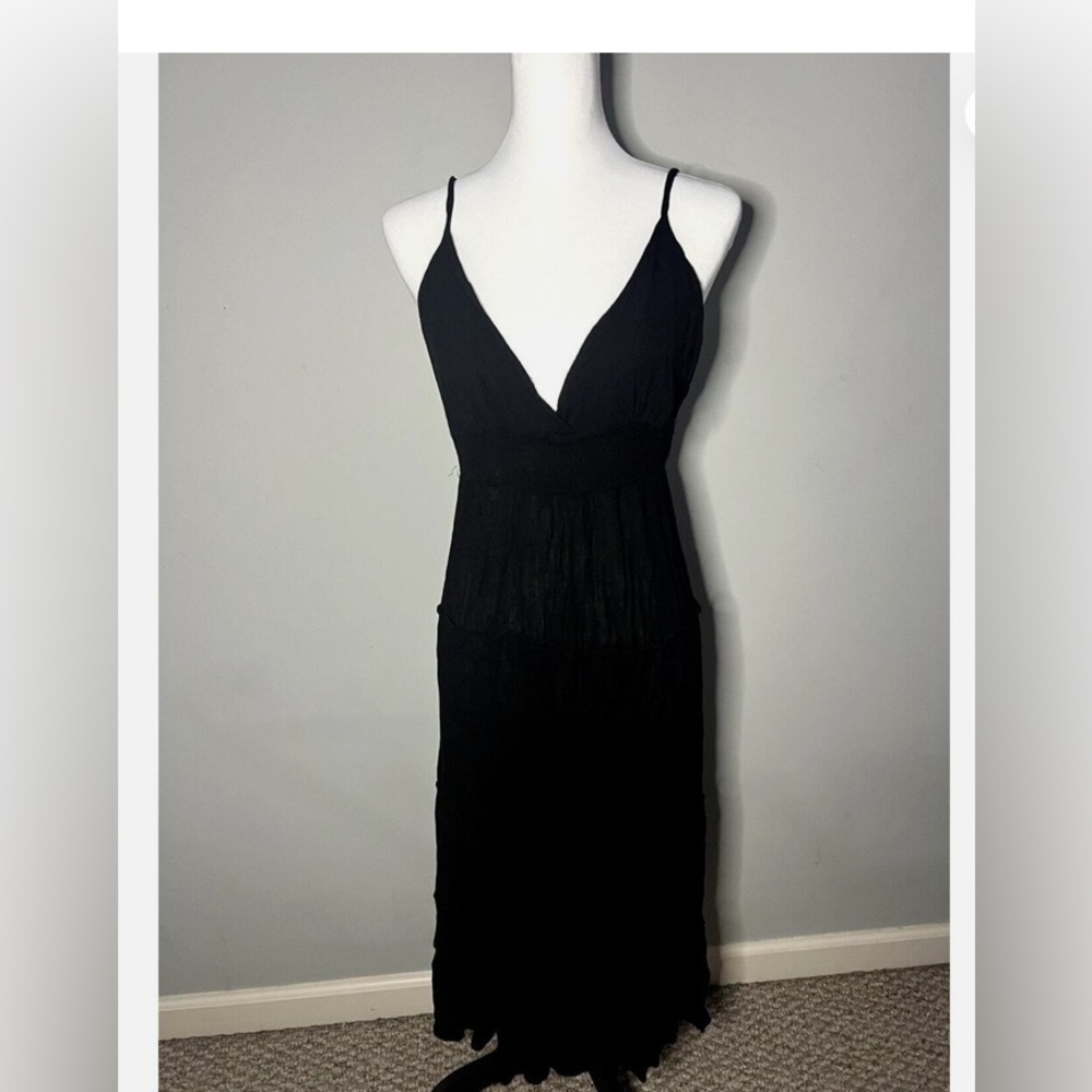 Boho Me Black Halter Dress Tiered Ruffle Maxi Sundress SZ M COver Up